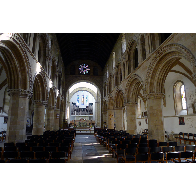 Source caption: "Fantastic nine-bay Norman arcades c1140-1170 with alternating round and octagonal piers in the nave of Worksop Priory - looking east".
