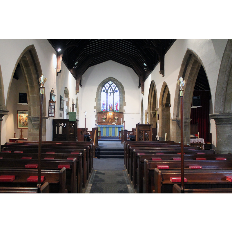 Source capton: "Interior, St Bartholomew's church, Keelby [...] Church dates from the 13th Century onwards, but has been heavily restored. It consists of nave, with north and south aisles, north porch from the 19th C., western tower from 14th C. and chancel. The tower was raised to 52 feet high in 17th C and contains 3 bells.The South aisle is from 1847, an arcade of 3 bays from 13th C. also a 3 bay north arcade dated 1908. There is an octagonal 14th C. font."
