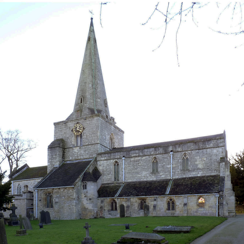 Source caption: "St Martin's Church, Womersley. The nave and north aisle seen here represent the oldest external parts of the church, dating from the 13th century, although the church has its origin in the 12th century. The tower and spire are from the 14th century. Restored in 1890 and Listed grade I."