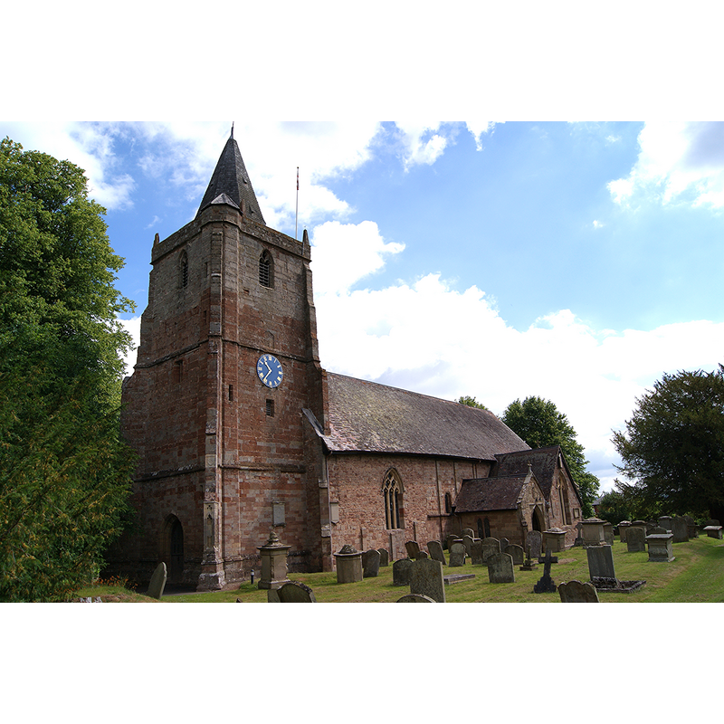 Source caption: "Dymock Church (St. Mary the Virgin), 23 June 2015. Mainly 12th Century Norman. Note small spire on tower."