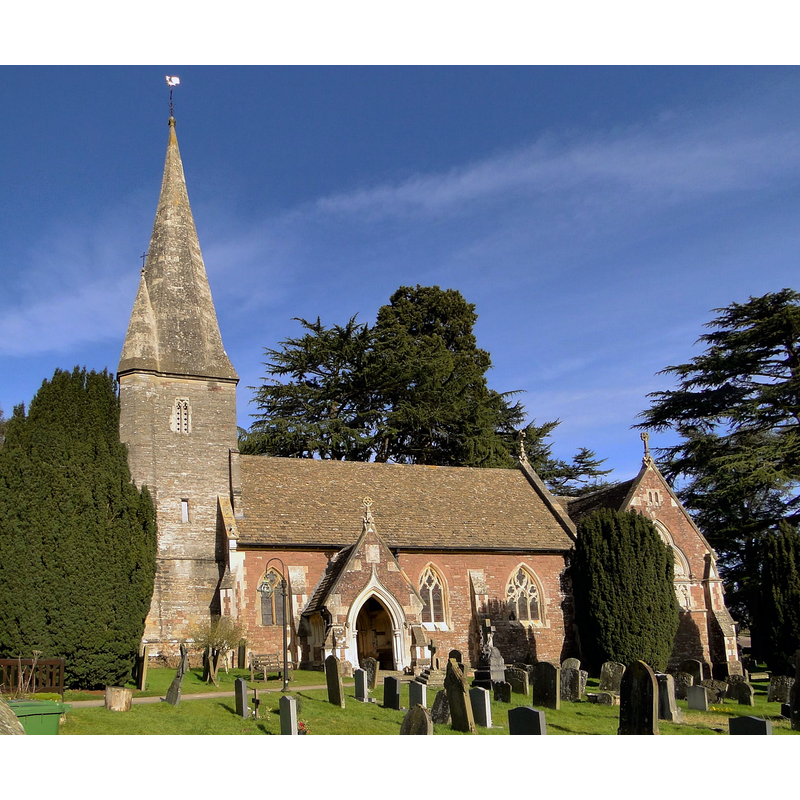Source caption: "St John the Baptist, Huntley. Built in 1862-3 at the expense of the incumbent Rev Daniel Capper, who employed Samuel Sanders Teulon as architect. The tower is the only remnant of the original church - Teulon added the broach spire."