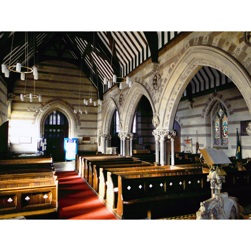 Source caption: "St John the Baptist, Huntley. S.S. Teulon's magnificent interior, with an abundance of Thomas Earp's sculpture on show."