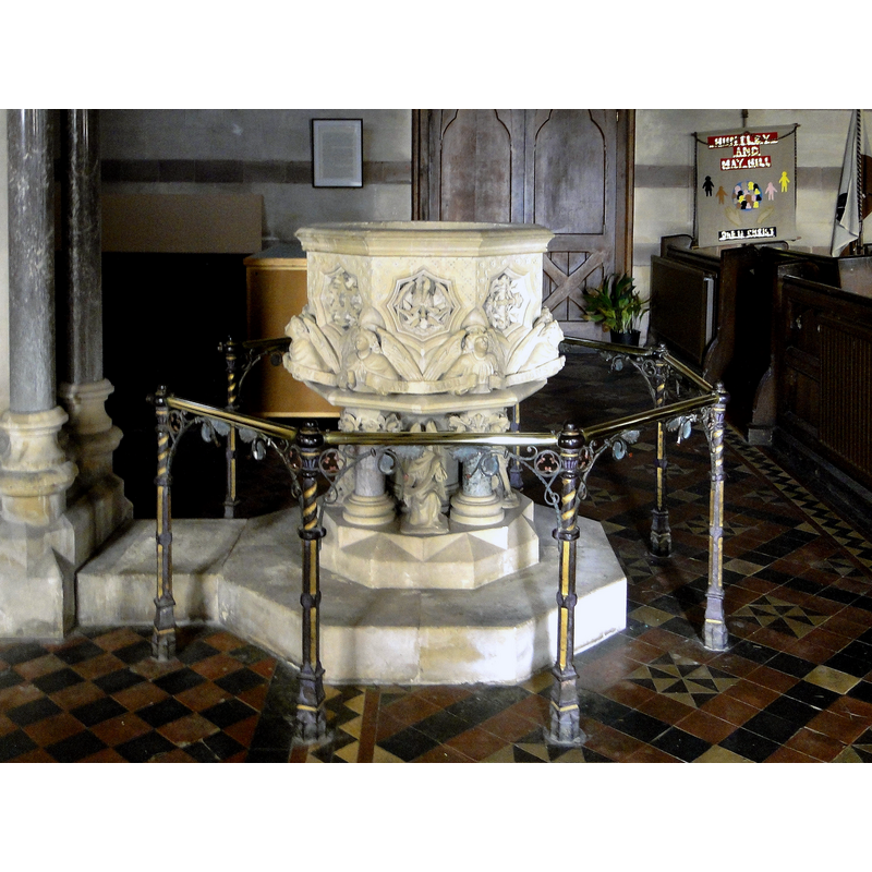 Source caption: "St John the Baptist, Huntley. The superb font, by Thomas Earp, who was responsible for all of the carved stonework in this magnificent High Victorian church."