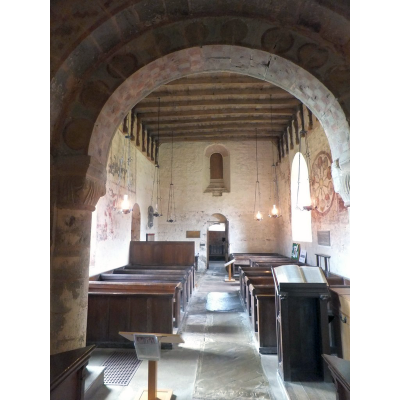 Source caption: "St Mary's church, Kempley. The church is noted for its wall paintings. Information in the church records that most of the pigments were earth-based, but blue pigment was from the mineral azurite, the earliest known use of this material in Britain. The roof beams and west door are noted for their exceptional age."