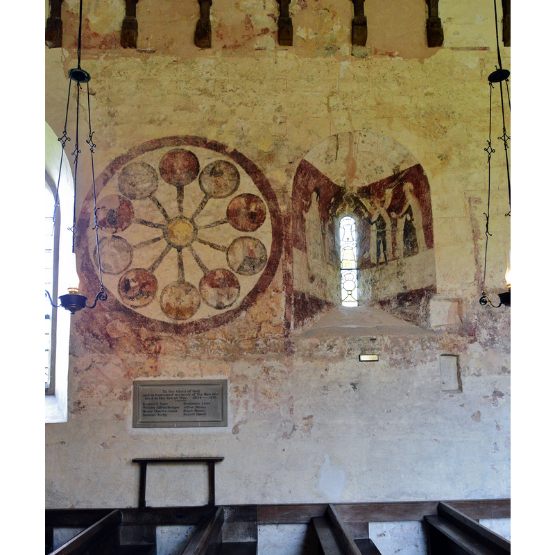 Source caption: "Kempley, St. Mary's Church: North nave wall, c15th "Wheel of Life" painting".