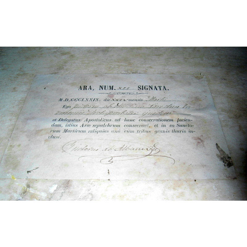 document on the consecration of the altar in 1879
