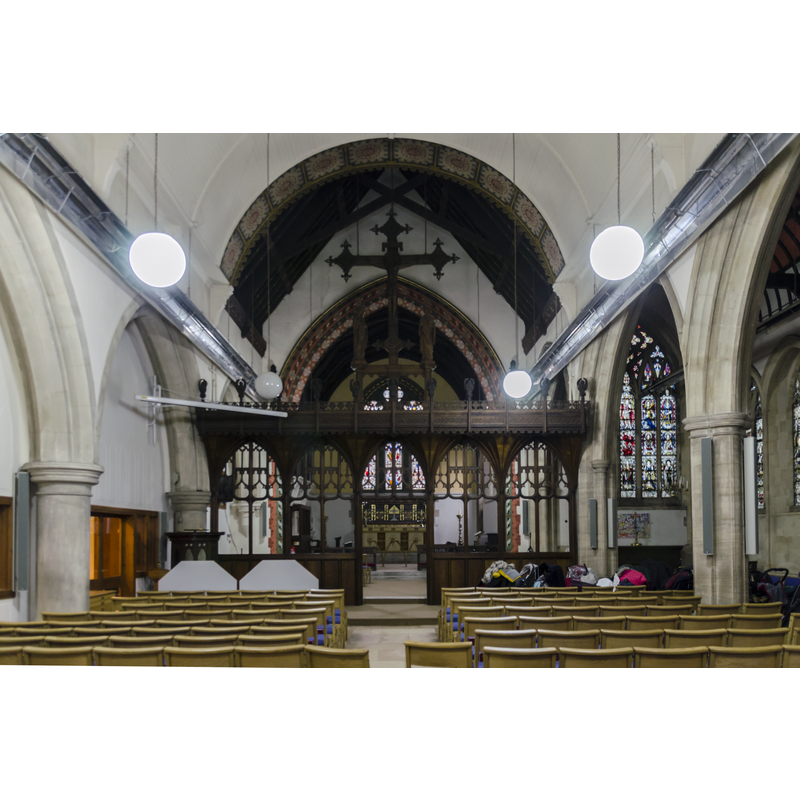 Source caption: "There is a nave with aisles, chancel, western bellcote and porch, and vestry. The nave has 4 bay aisles, and the chancel has stencilled painted decorations. The north aisle has been partitioned off to provide a separate room."