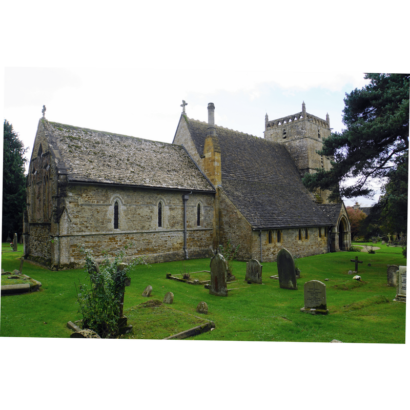 Source caption: "St Laurence, Wyck Rissington. A 13th Century village church where Gustav Holst was once the organist."