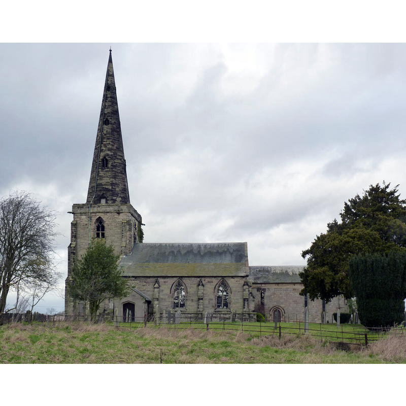 Source caption: "Church of St Mary, Marston on Dove. View from the south. The south aisle and tower are from the 14th century, the chancel 13th century with lancet windows and priests door."