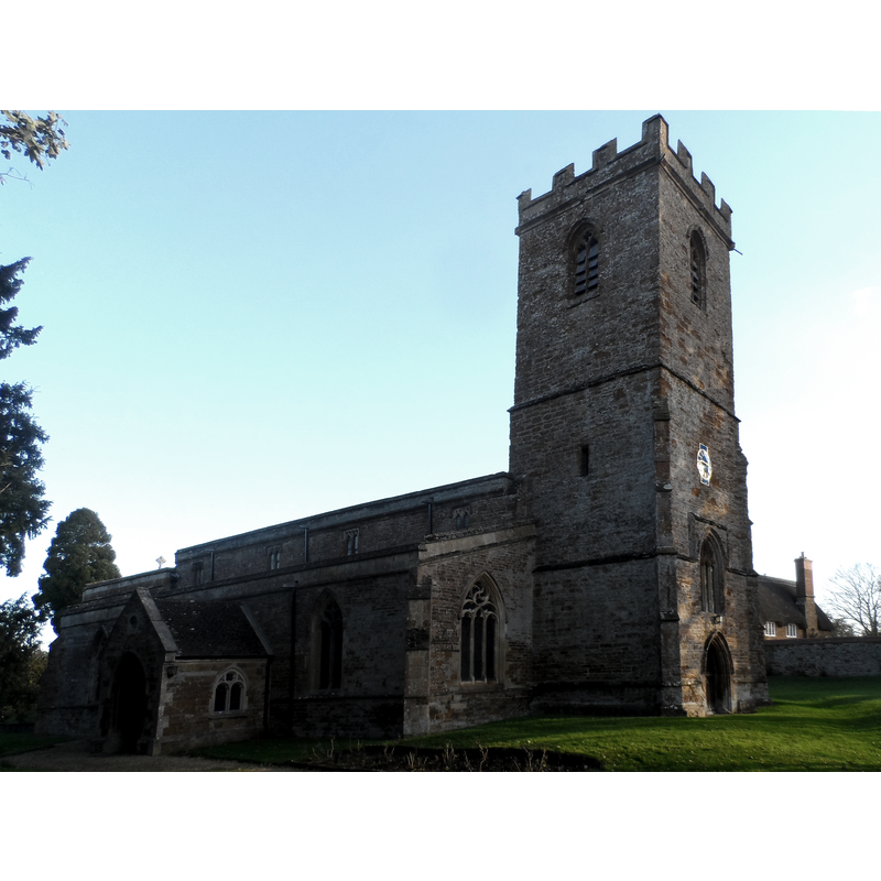 Source caption: "Church of St Lawrence, Marston St Lawrence. Mostly C13 and C14. The tower is C15 or C16."