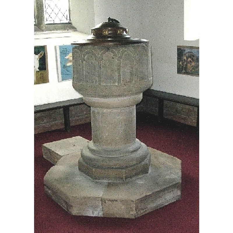 Source caption: "Norman Font in the church of Ss. Peter & Paul, Middle Rasen, Lincolnshire. This font was installed in 1972 and originally came from Gate Burton near Gainsborough."  [NB: this claim is questionable, as Gate Burton has its own Norman font, different from this one [cf. FontNotes and Index entry for Gate Burton]