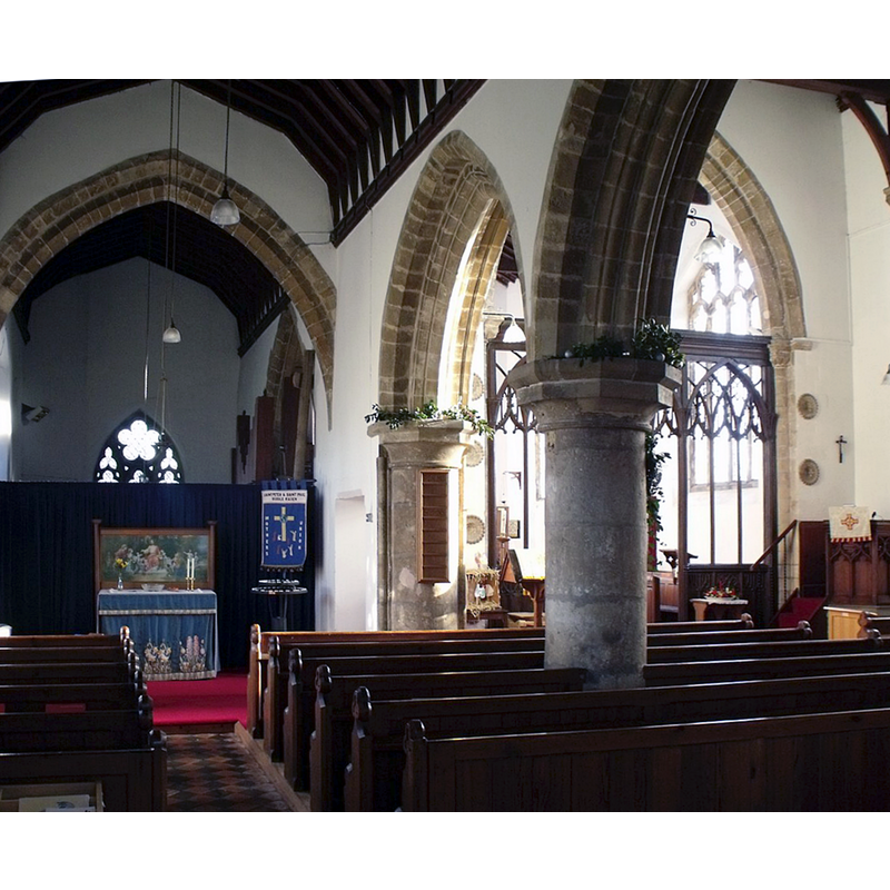 Source caption: "Interior, SS Peter & Paul church, Middle Rasen. Originally, two churches existed in Middle Rasen resulting from disputes which had arisen between an Abbot and a Prior. They were separately dedicated to St Peter and St Paul. Drax Priory, in Yorkshire, was responsible for St Paul’s church whilst the present church, initially dedicated to St Peter, was built by the inmates of Tupholme Abbey. Centuries later, both churches having fallen into an extreme state of disrepair, St Peter’s church was largely restored with materials derived from the redundant church of St Paul. The tower is built in three stages, divided by freestone string courses, and has an embattled parapet and four angle pinnacles with, initially, a gargoyle beneath each of them. The buttresses on the western angles were added to give strength at the time of the church’s restoration. The tower was also strengthened with iron tie rods with cross plates just below each of the two floors. The two lower stages are plain except for an undecorated doorway on the west side and small Norman slit windows in the south and west of the second stage. The arch into the nave of the church is indicative of the true age of the lower sections of the tower. The third, or bell stage, has a two-light window with four-centred arch, in each side. The east side of the tower shows the pitch of the earlier roof. Following the restoration of the church the lofty Perpendicular windows of the 15th century in the nave and chancel, together with the embattled parapets and the heightened and pinnacled tower, all tend to give an overall impression of a church of that period rather than its true 12th century origin. The church now consists of a nave and chancel which are embattled and pinnacle on the south side, north aisle, south porch and an embattled and pinnacle tower. It is built of the local brown ironstone from Walesby, with limestone weatherings. The original Norman church is much in evidence; the south doorway, the chancel arch and the lower sections of the tower in particular. The south entrance door is a splendid example of Norman work being one of the most impressive Norman doorways in the country. The chancel arch is unexpectedly high, the responds of which have their ornamental fluted capitals; and some outstanding circular, beaded and scalloped medallions (paterae), with a simple round recess as the hub, are set into the quoin stones. The arch itself is pointed and usually considered as later, although the pointed arch was used in Durham Cathedral as early as 1130 and was in general use by the end of the century. The north arcade is of about 1200, and consists of three bays with heavily moulded pointed arches set on massive circular pillars. [Info taken from leaflet in church.]"
