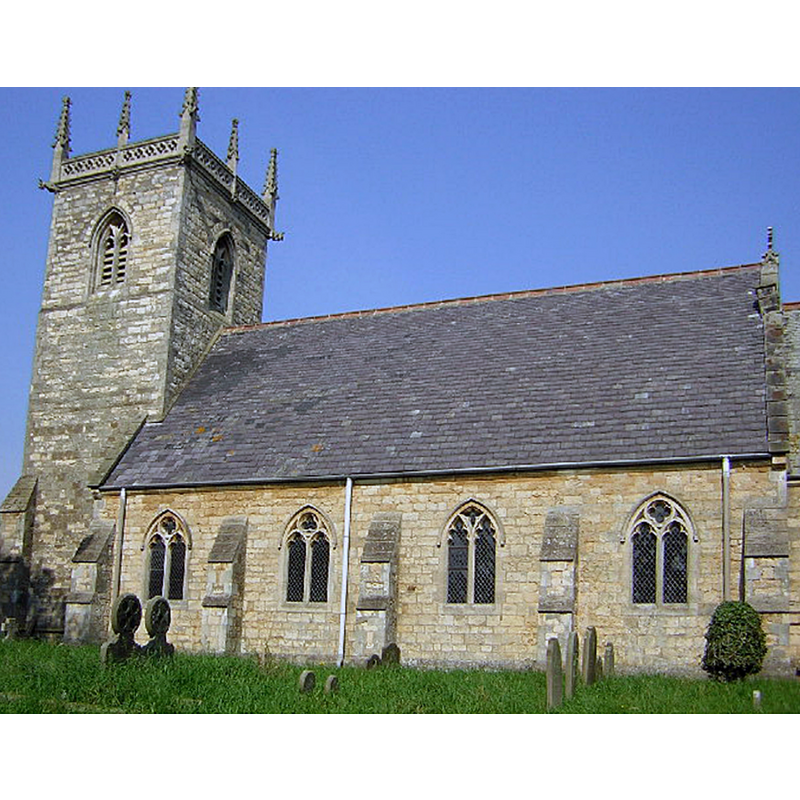Source caption: "St.Helen's church, Gate Burton, Lincs. Entirely Victorian church of 1866 with a Norman font".