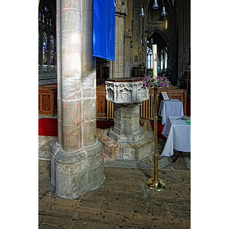 Source caption: "Interior of the Church of St John the Baptist, Morton. Baptismal font"