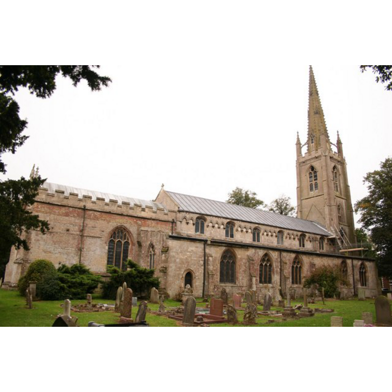Source caption: "All Saints' church, Moulton. Late 12th century Early English church with a lofty Perpendicular tower and spire rising to 165ft"