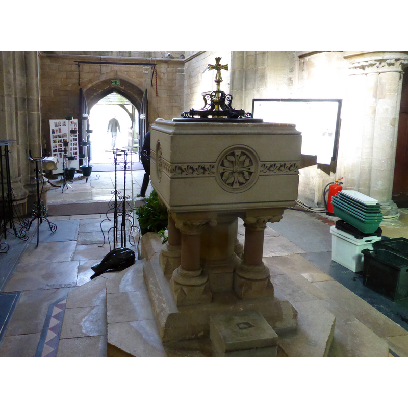 Source caption: "Church of All Saints: The Victorian Font. Dating from the 1868 restoration, this font is not much loved, and when I visited the curchwarden was telling me they want to remove it, because the steps make access tricky and the passing of an infant to the celebrant hazardous. There are three fonts in the church, so it won't be missed."