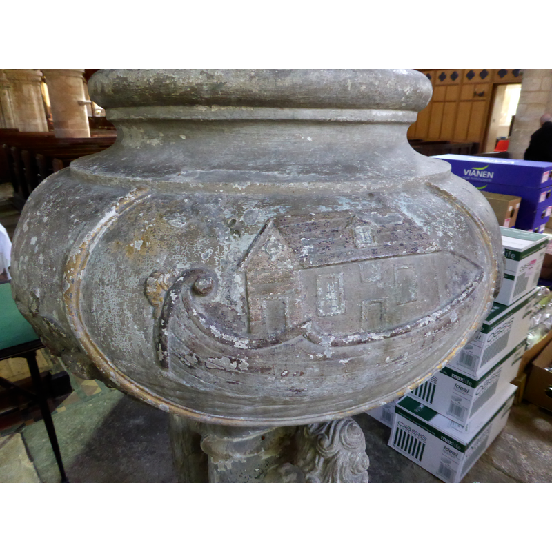 Source caption: "Church of All Saints: Noah's Ark on the Adam & Eve font. One of the panels on the bowl of the font of 1719 is of Noah's Ark."