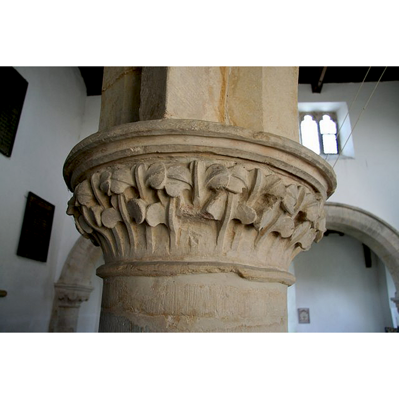 Source caption: "Early 13th century stiff leaf capital in the south arcade of St.Peter's church".