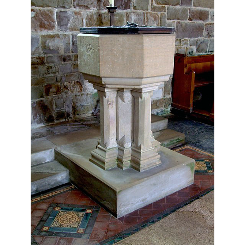 Source caption: "Interior of the Church of St Peter & St Paul, Old Bolingbroke. The font basin is heavily marked and has what appear to be bullet marks on the panel facing the west wall."
