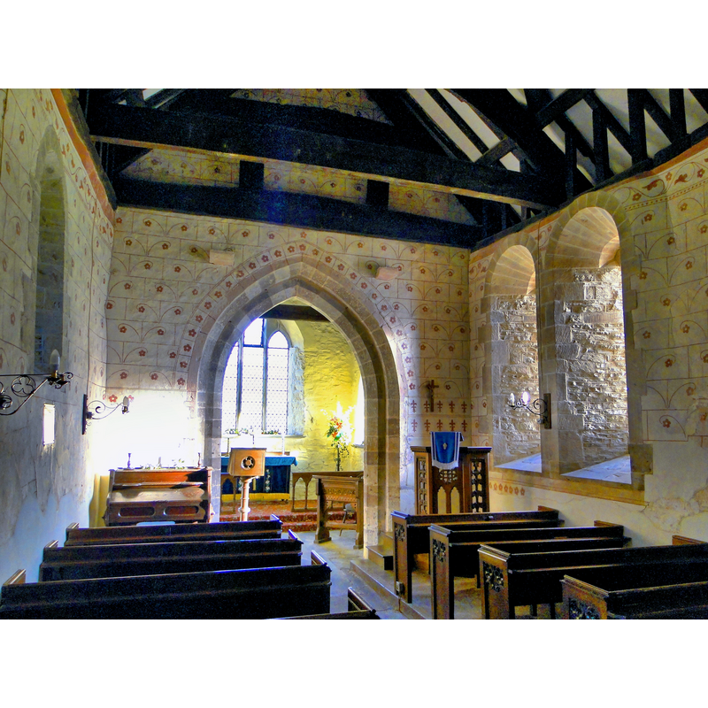 Source caption: "St Giles, Pipe Aston. The interior, showing the restored 12th century wall paintings."