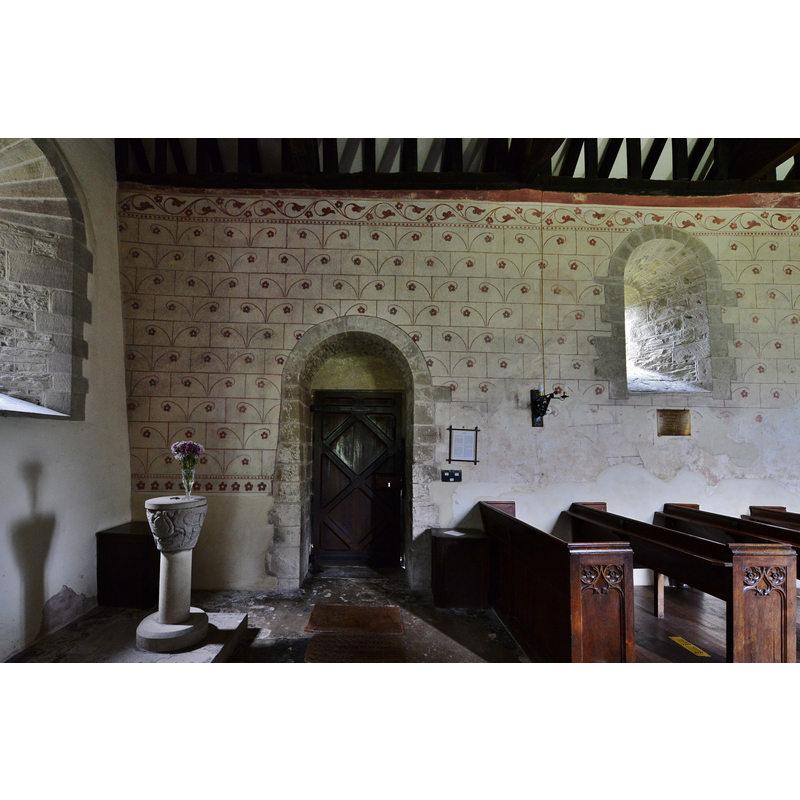 Source captio: "Pipe Aston, St. Giles' church: The north entrance" -- and the font in the west end of the nave context