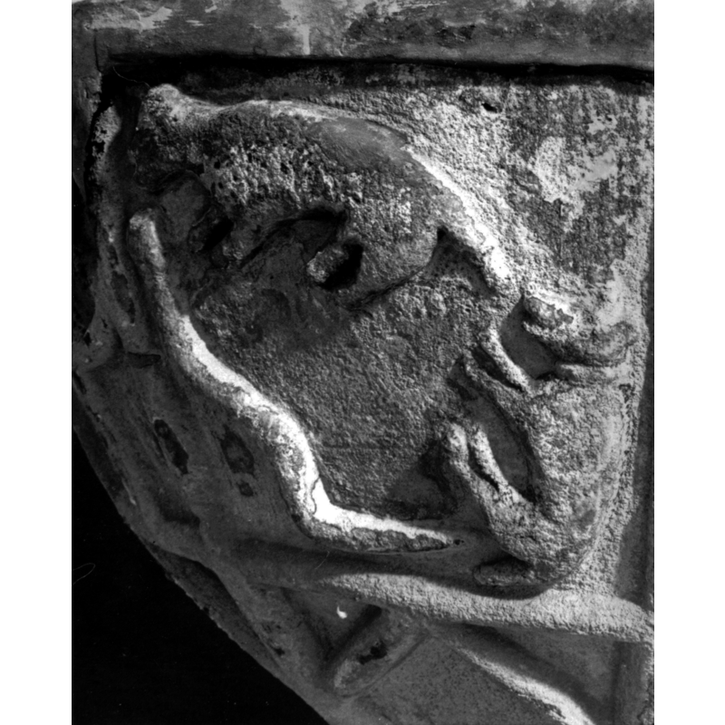 Source caption: "Detalle de la decoración de la copa de la pila bautismal de estilo gótico; presenta una escena de relieve muy plano con dos perros luchando contra una serpiente".