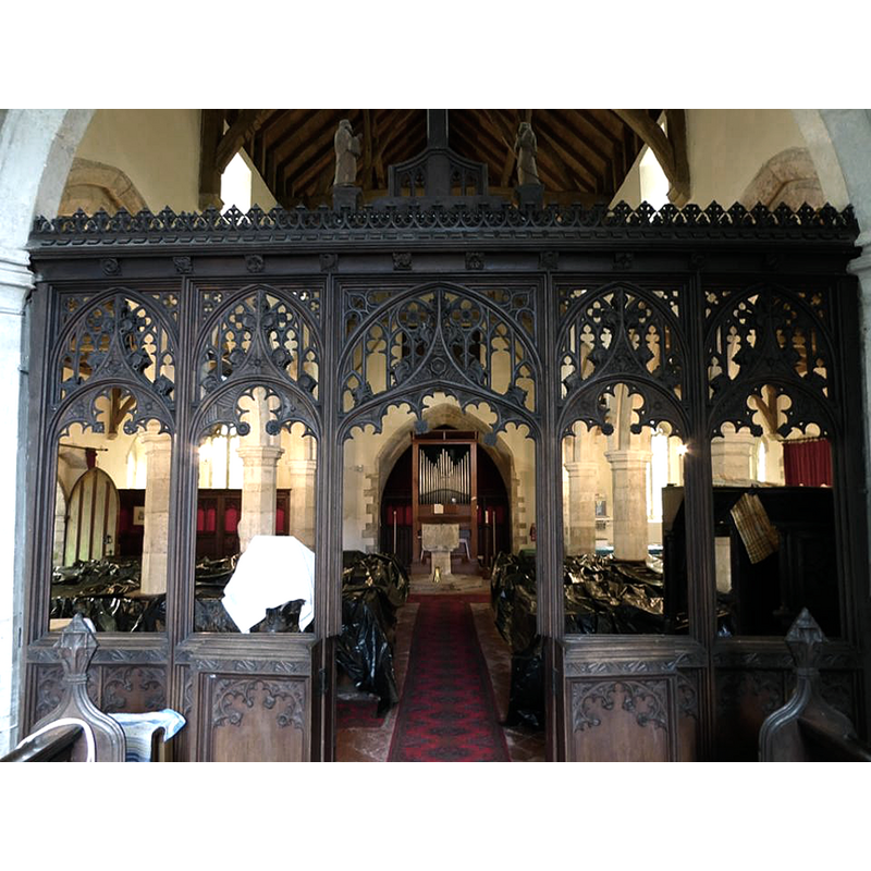 view west from the east side of the chancel screen; the font is visible at the far end, by the tower arch