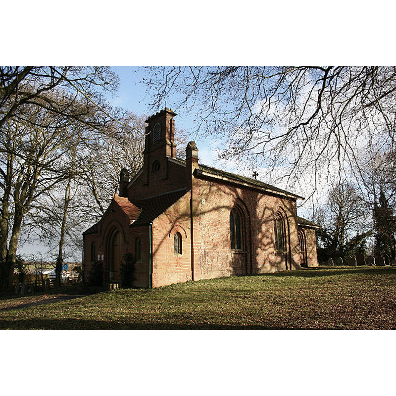 Source caption: "All Saints' church, Ulceby, Lincs. A lovely location for an unattractive red brick church of 1826. Inside, an octagonal Perpendicular font from the medieval church."