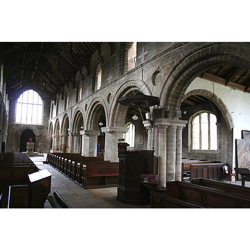 Source caption: "North Arcade. Looking west along the wonderful 7-bay late 12th century north arcade in St.Mary's church".