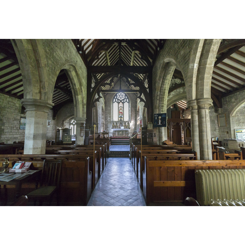 Source caption: "Interior, St Clement's church, Worlaby. Facing east, the wooden chancel arch is seen."