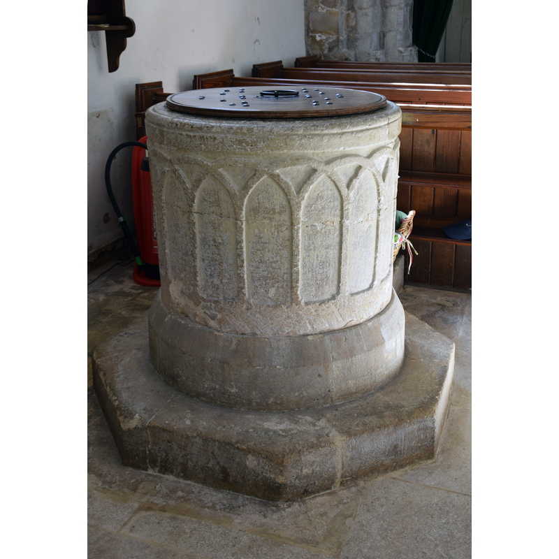 Source caption: "Chedworth Church (Saint Andrew), Gloucestershire, 7 September 2018. A 'wool' church: 12th Century Norman rebuilt in late 15th Century in Perpendicular style. Pictured is the unusual Norman tub font."