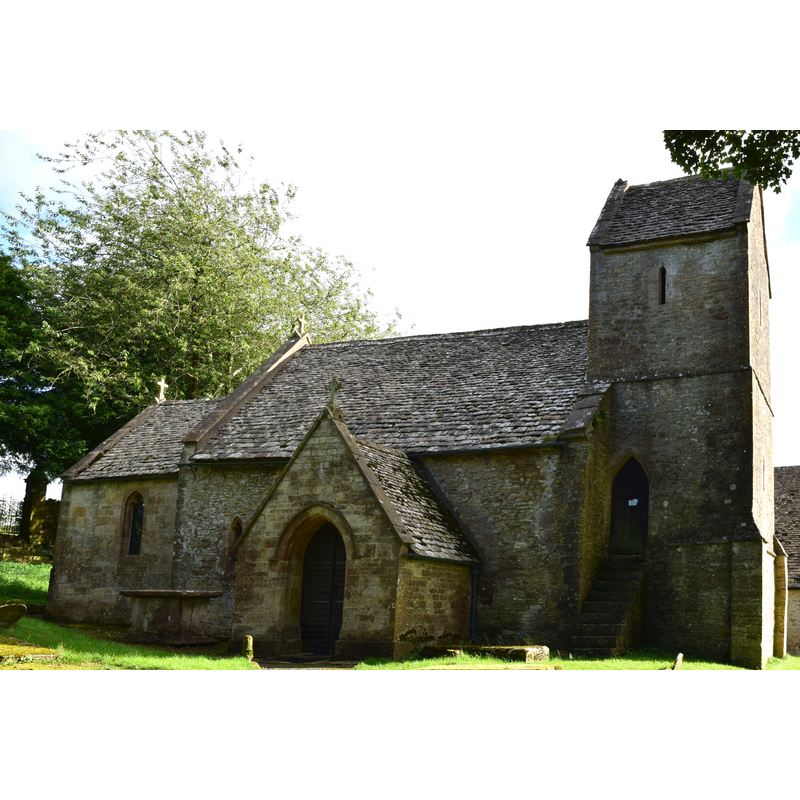 Source caption: "Syde Church (St. Mary the Virgin), Gloucestershire [...] Early 12th Century Norman nave (with early 11th Century Saxon elements) and porch, 13th Century saddleback tower, Victorian (1850) chancel (rebuilt) and vestry (new). Pictured is the north elevation, including unusual north porch."