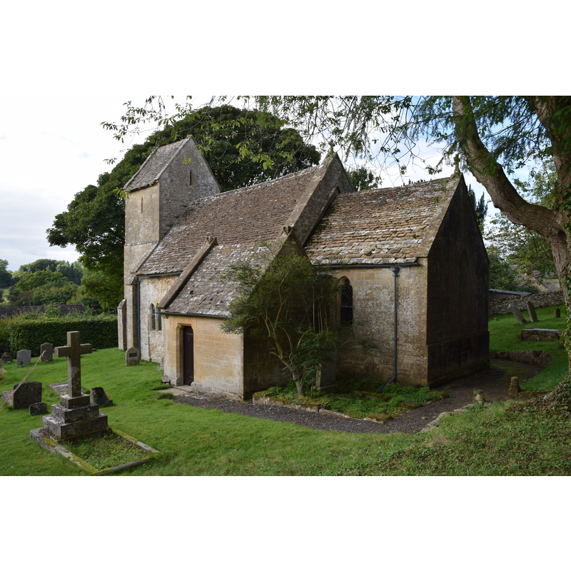 Source caption: "Syde Church (St. Mary the Virgin), Gloucestershire [...] Early 12th Century Norman nave (with early 11th Century Saxon elements) and porch, 13th Century saddleback tower, Victorian (1850) chancel (rebuilt) and vestry (new). Pictured is the south and east elevation."