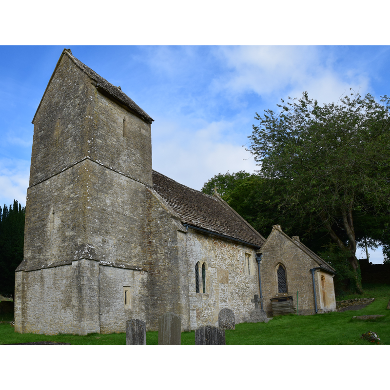 Source caption: "Syde Church (St. Mary the Virgin), Gloucestershire [...] Early 12th Century Norman nave (with early 11th Century Saxon elements) and porch, 13th Century saddleback tower, Victorian (1850) chancel (rebuilt) and vestry (new). Pictured is the south and west elevation."