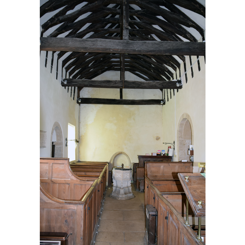 Source caption: "Syde Church (St. Mary the Virgin), Gloucestershire [...] Looking towards the west end is the 12th Century Norman nave but it could be late Saxon altered/rebuilt by the Normans." -- showing the east side of the font