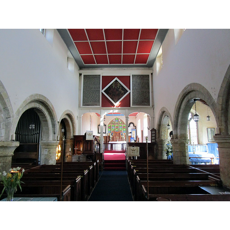 Source caption: "St. Michael's church, Bempton. Interior looking east. The nave dates from the thirteenth century but the chancel and screen date from 1829"