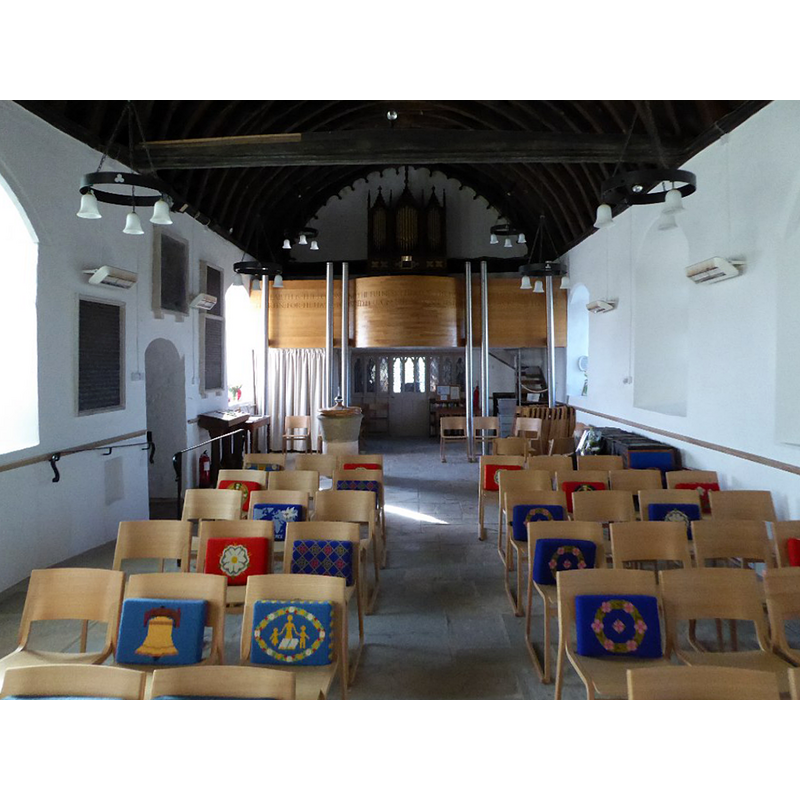 Source caption: "View to the west along the nave of Tirley church. Until the devastating flood of July 2007 there were pews in the nave however five feet of water resulted in a mature restoration."