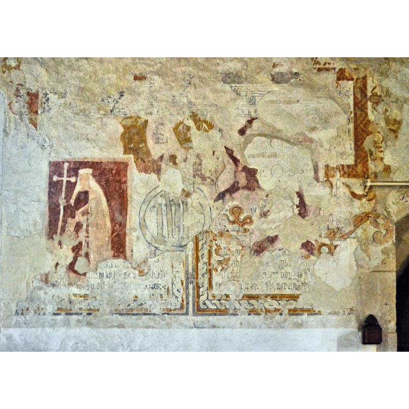 Source caption: "St John the Baptist, Oxenton. Layers of medieval and later paintings on the South wall of this memorable church at the foot of Oxenton Hill."