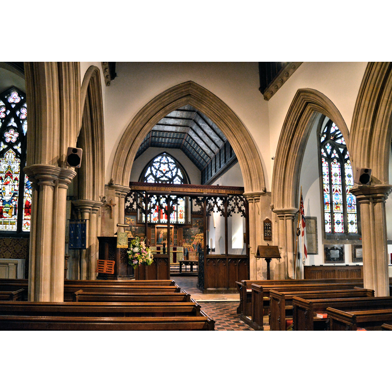Source caption: "St Nicholas, Kemerton. Looking East, showing the splendid set of Carpenter furnishings of the late 1840s. R.C. Carpenter was a favoured architect of the Cambridge Camden Society who championed the return of what they saw as the traditional medieval church in all of its forms. Kemerton is a textbook example, lovingly cared for."