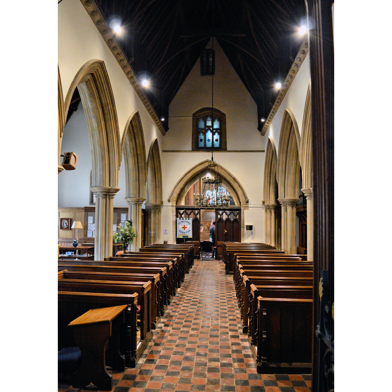 Source caption: "St Nicholas, Kemerton. The Nave, looking West. The bell ringers are hard at work under the tower."