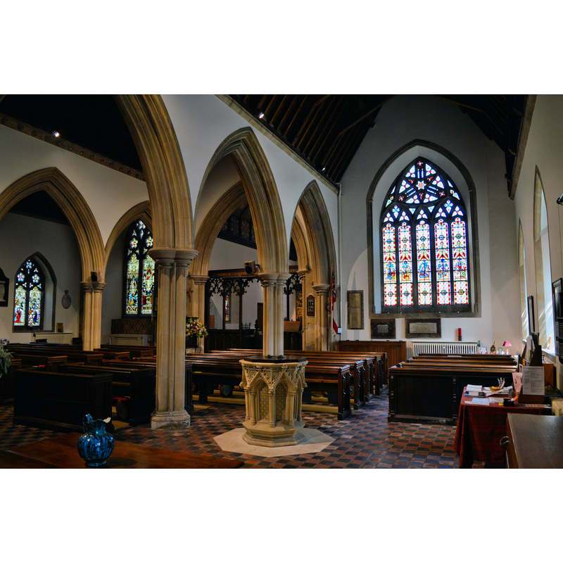 Source caption: "St Nicholas, Kemerton. Seen from the South porch entrance. Entirely the work of R.C. Carpenter, 1846-9. Most of his furnishings survive, happily."