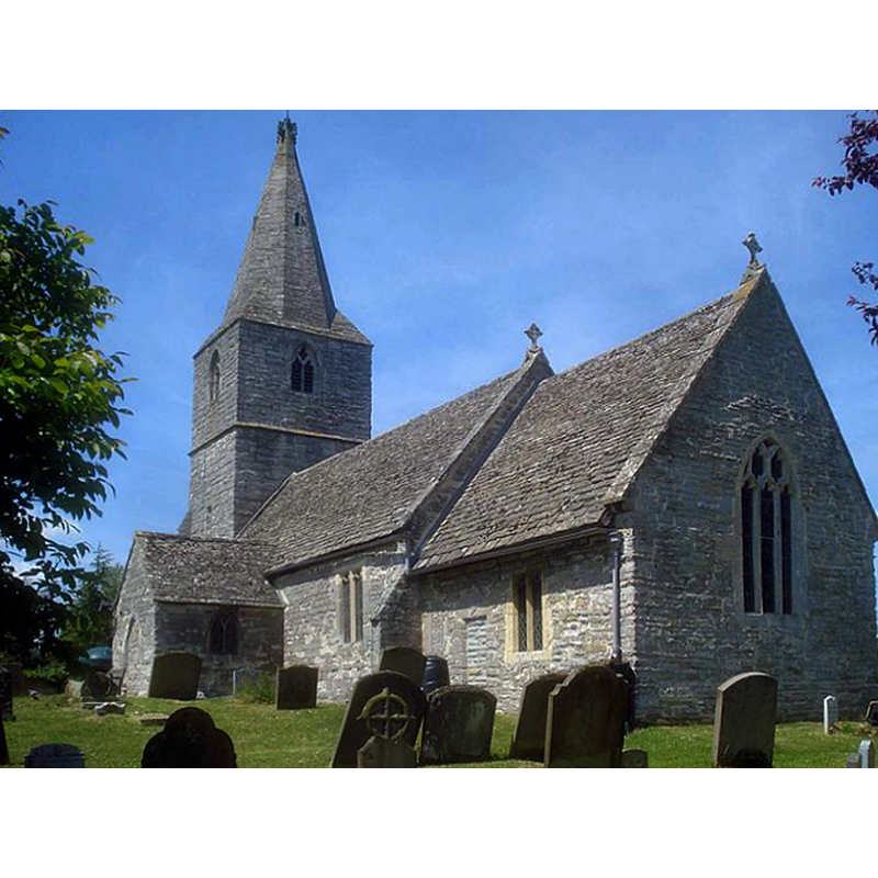 Source caption: "The church was first recorded as being dedicated to St. Margaret in 1710, but most of the building derives from the 14th century. The roof has a mix of Cotswold stone slates and Welsh slates. The proximity of the church to the moated Corse Court suggests that the church may owe its foundation to the occupants of this house."