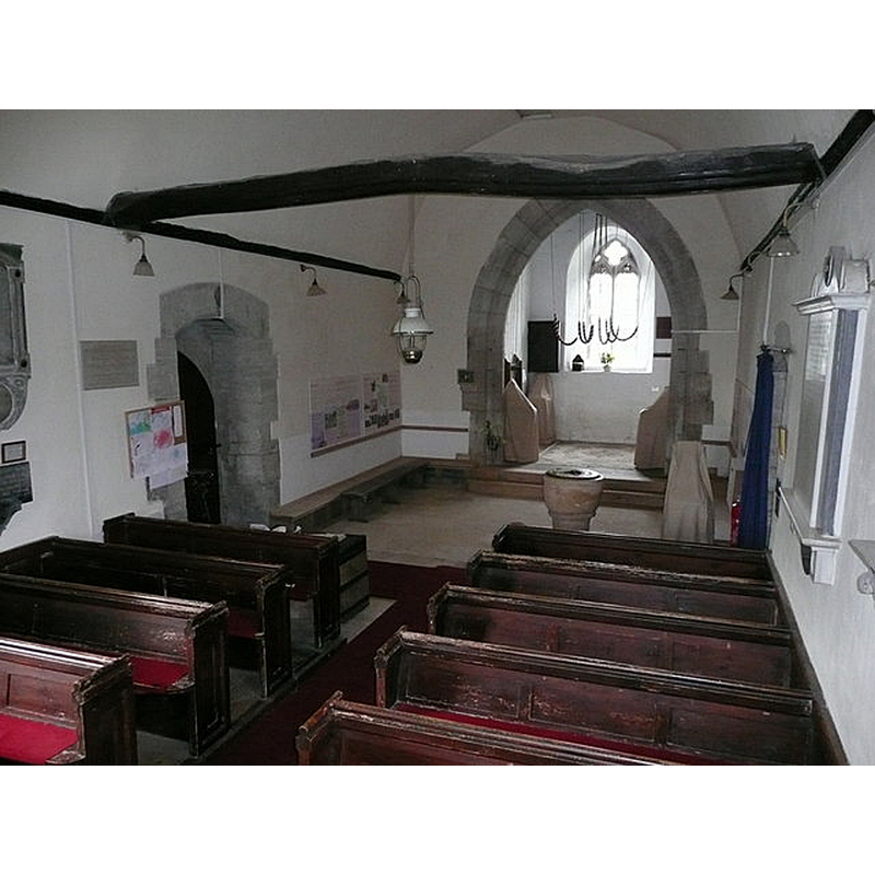 Source caption: "View from the pulpit towards the tower end; note a functioning ring of six bells as evidenced by the ropes."
