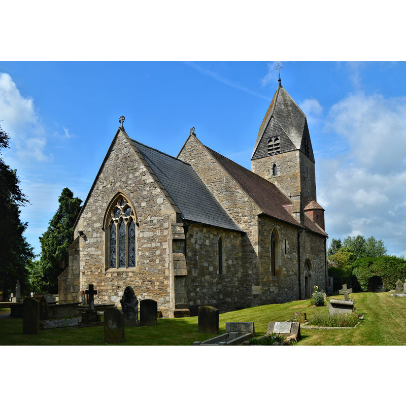 Source caption: "St Andrew, Churcham. An early church, but restored several times, particularly after a major fire in 1875. The Rhenish tower top is a confection of 1876-8, by local architect Waller of Gloucester."