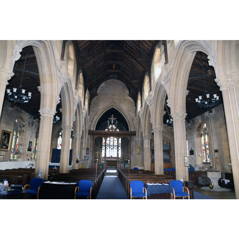 Source caption: "Frampton Cotterell Church (St. Peter), 9 August 2018. 15th Century Perpendicular tower, remainder Victorian Neo-Gothic (1858) by John Norton. Pictured is the nave looking towards the chancel."