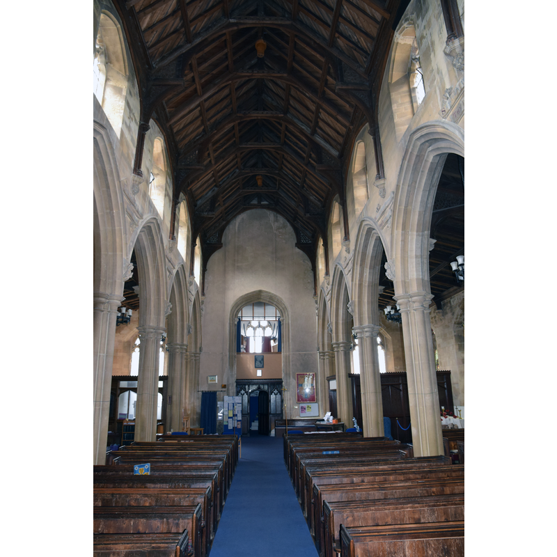 Source caption: "Frampton Cotterell Church (St. Peter), 9 August 2018. 15th Century Perpendicular tower, remainder Victorian Neo-Gothic (1858) by John Norton. Pictured is the nave looking towards the west tower arch."