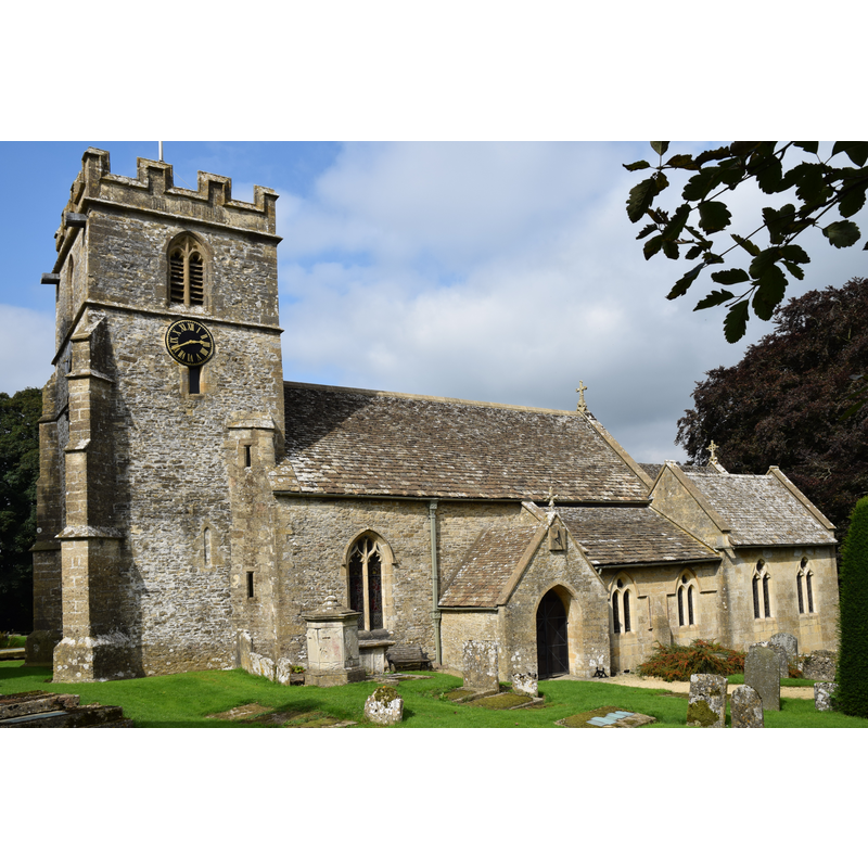 Source caption: "Miserden Church (St. Andrew), 7 September 2016. Early 11th Century Saxon nave, 12th Century Norman chancel, 14th Century Decorated porch, 15th Century Perpendicular tower & memorial chapel (south of the chancel), early 18th Century chapel south of nave, early 18th Century Georgian north chapel (1730). The church was restored in 1866 when the nave chapels were arcaded to give the appearance of aisles. At the same time the nave and chancel were reroofed, the windows altered and the chancel arch enlarged. Pictured is the south elevation."