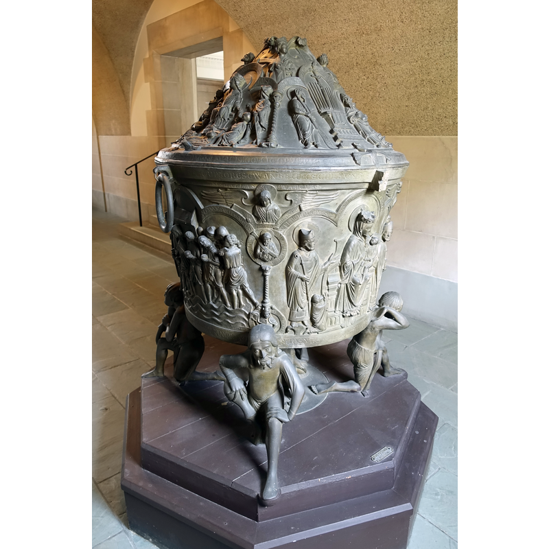 Source caption: "Baptismal font (replica), Hildesheim Cathedral, c. 1225 AD, replica by Gebrüder Kusthardt, c. 1900 AD - Adolphus Busch Hall - Harvard University - Cambridge, Massachusetts, USA"