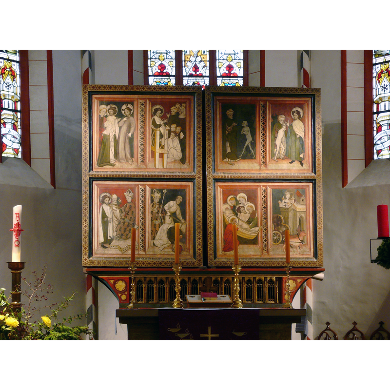 Source caption: "Wandelaltar der ev.-luth. Kirche St. Jacobi in Göttingen, Südniedersachsen. Hergestellt 1402 von unbekanntem Meister, Stiftung der Göttinger Bürger. Werktagsseite (geschlossen) mit Szenen der Jakobuslegende".