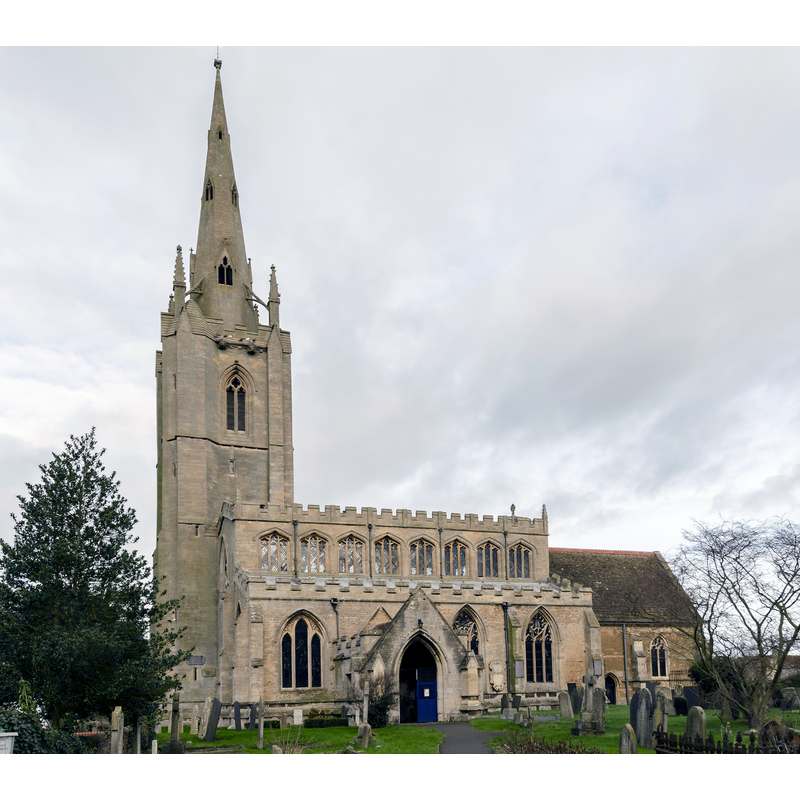Source caption: "There was a church at Billingborough in the 11th century, as noted in the Domesday book. The present church dates from the early 14th century onwards and was restored in the 19th century. It consists of a north west tower with spire, nave with north and south aisles, south porch, and chancel with a small organ chamber. The tower is of four stages, 150 foot high. The top of the tower is battlemented with a recessed octagonal spire with three tiers of lucarnes. Five bells were installed in 1717, and they were rehung in 1846. The nave has an embattled parapet and closely spaced three light clerestory windows from the 15th century. The porch dates from around 1312 and the door has 14th century ironwork. The nave arcades are 14th century and are of three bays to the north, and 4 to the south. The south aisle has a piscina at the east end. There is a 15th century octagonal font on a pedestal."